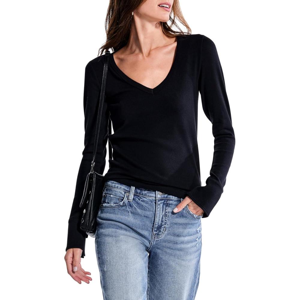 imageNICZOE Womens Perfect Rib Knit Cuffed TopBlack Onyx