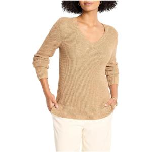 NIC+Zoe Womens Shimmer Waffle V-Neck Sweater(Copper Cream)