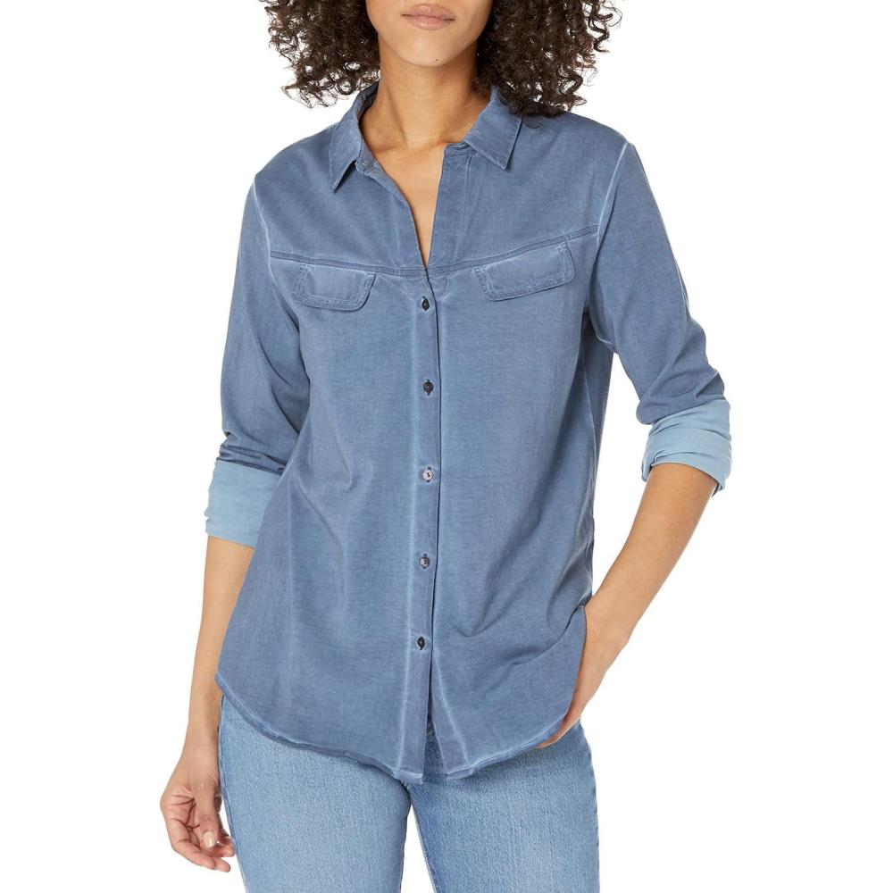 imageNICZOE Womens Long Sleeve Angled Pocket ShirtFaded Navy