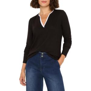 NIC+Zoe Womens Cozy Jersey Double Layer Split Neck Tee(Black Onyx)