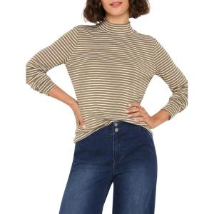NIC+Zoe Womens Striped Long Sleeve Mock Neck Tee(Green Multi)