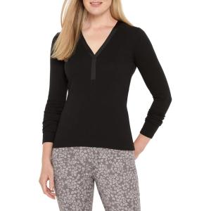 NIC+Zoe Womens Trimmed Perfect Knit Rib V-Neck Top(Black Onyx)