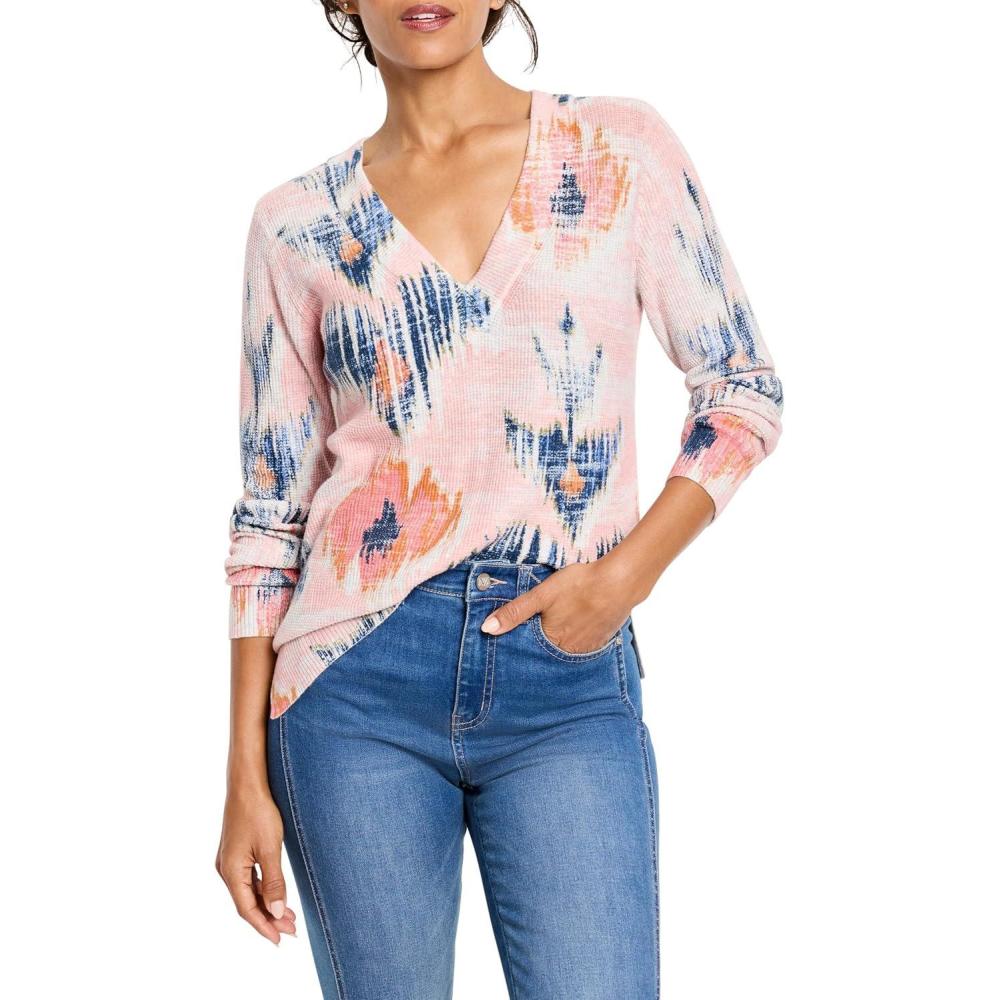 image:imageNICZOE Womens Abstract Floral Waffle Stitch VNeck SweaterPink Multi