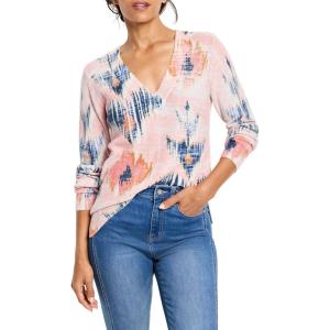 NIC+ZOE Womens Abstract Floral Waffle Stitch V-Neck Sweater(Pink Multi)