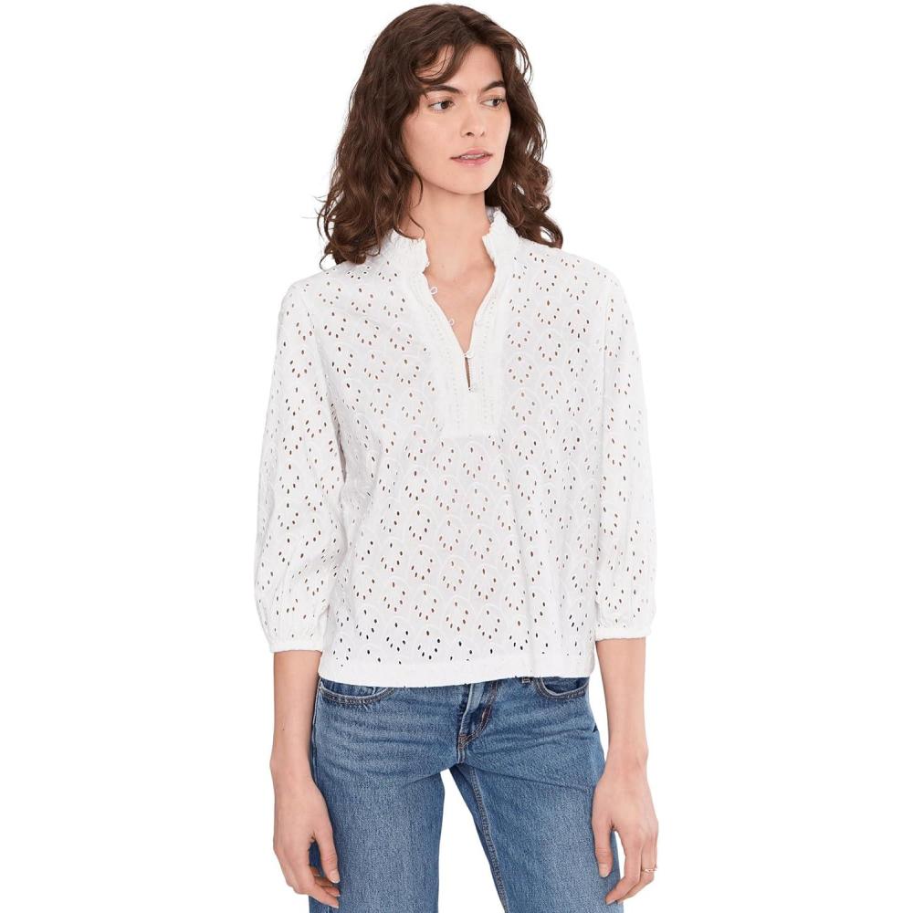 image:imageNICZoe Womens Knit Eyelet Ruffle Neck TopPaper White