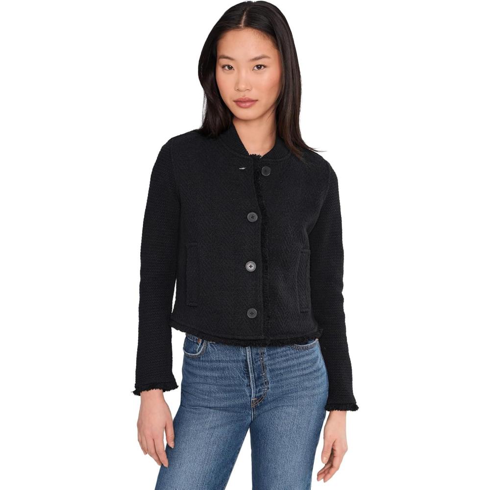 image:imageNICZOE Womens Petite Fringe Mix Knit Bomber JacketBlack Onyx