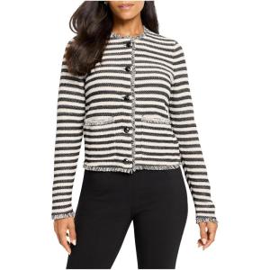 NIC+Zoe Womens Striped Fringe Mix Femme Knit Jacket(Black Multi)