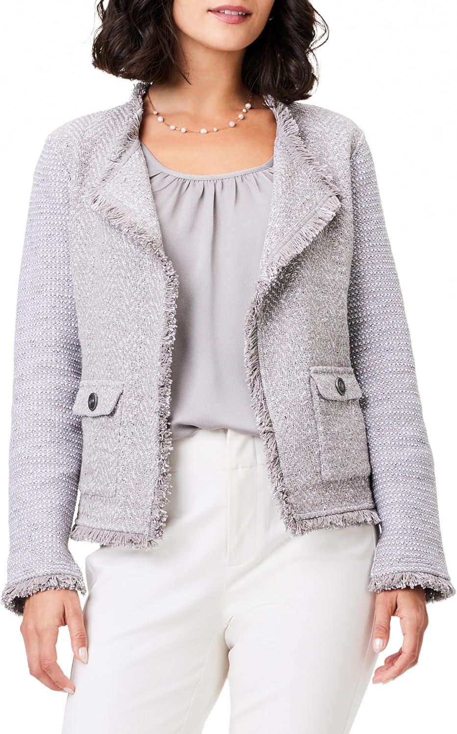 image:imageNICZOE Womens Fringe Mix Knit Pocket JacketFrench Linen