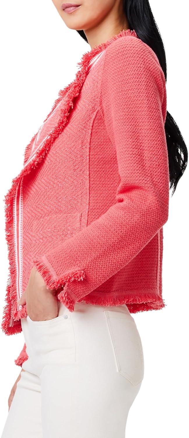 image:imageNICZOE Womens Ribbon Trim Fringe Mix Knit JacketCoral