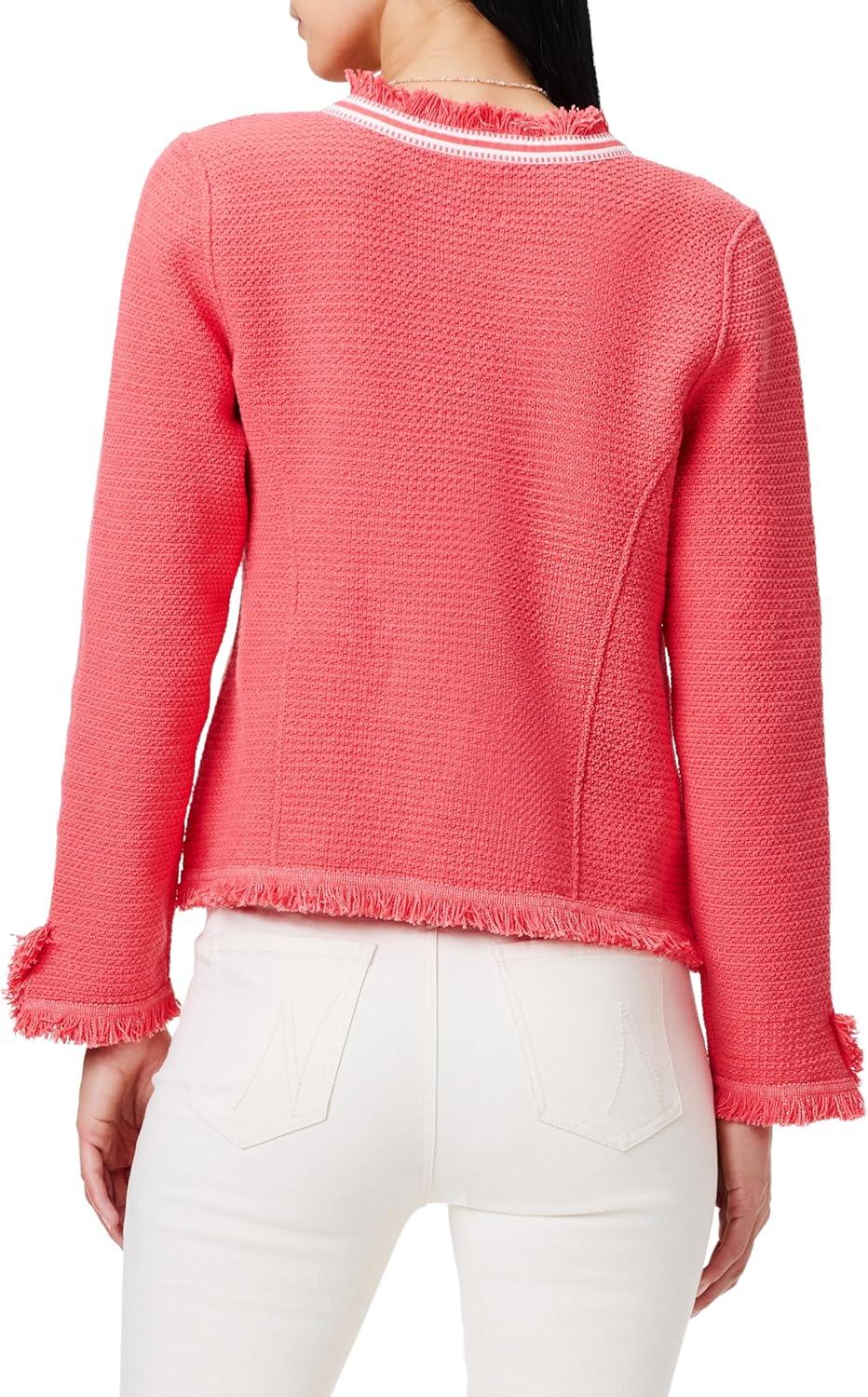 image:imageNICZOE Womens Ribbon Trim Fringe Mix Knit JacketCoral