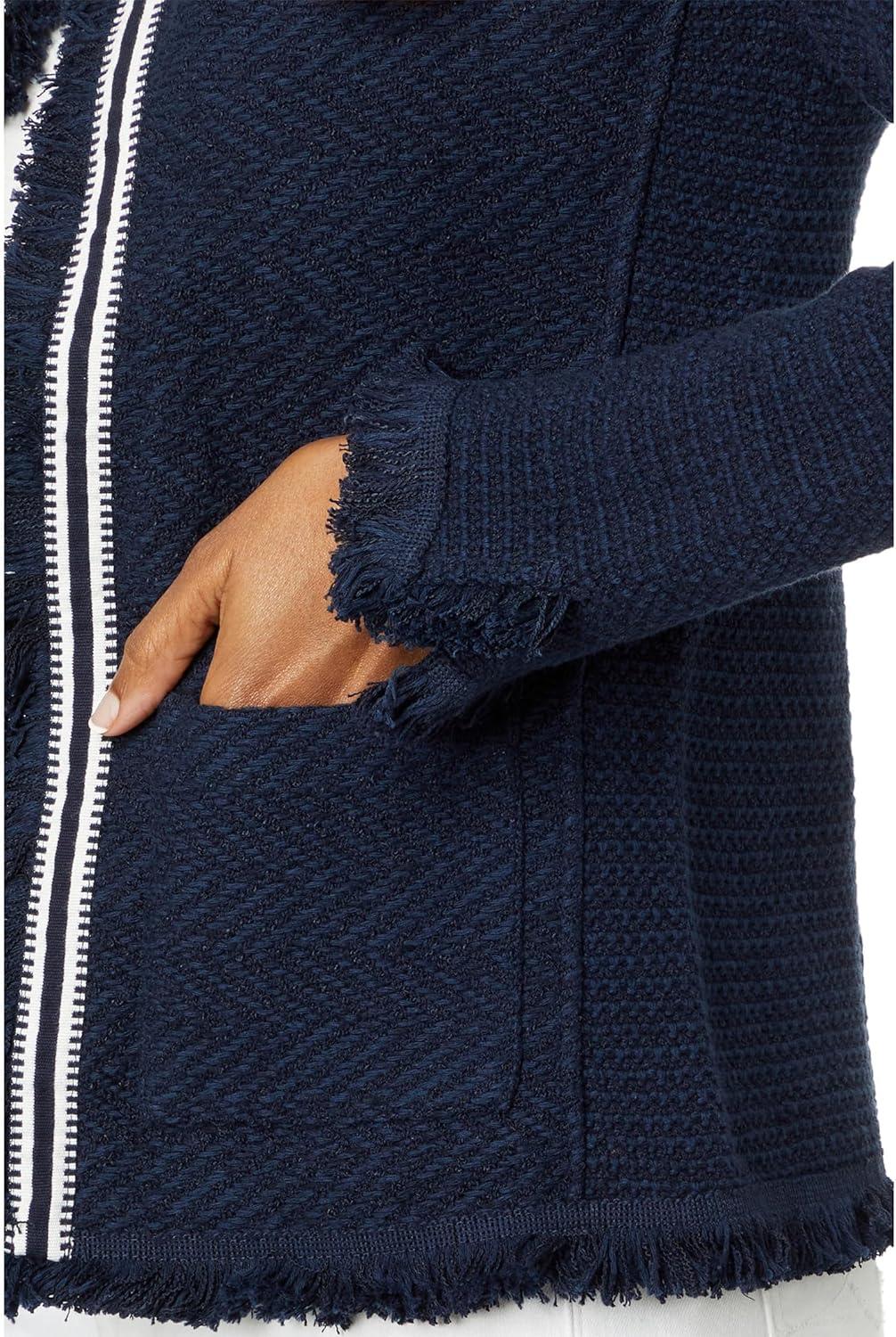 image:imageNICZOE Womens Ribbon Trim Fringe Mix Knit JacketDark Indigo