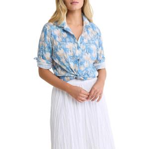 NIC+Zoe Women’s Shadow Floral Core Crinkle Texture Button Down Cotton Shirt(Blue Multi)
