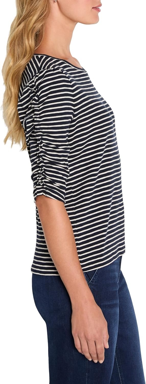 image:imageNICZOE Striped Ruched Elbow Sleeve TeeIndigo Multi