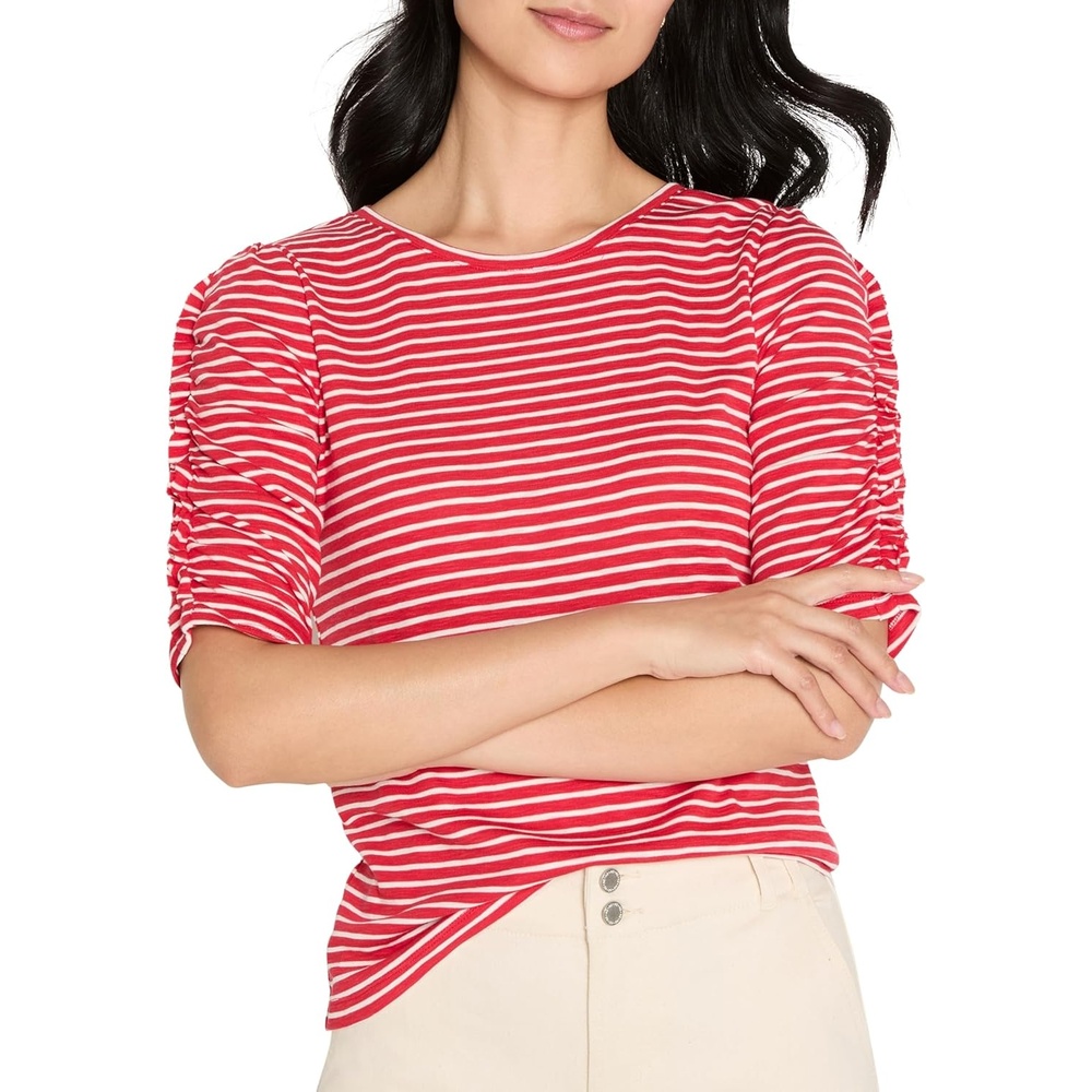 image:imageNICZOE Striped Ruched Elbow Sleeve TeeRed Multi
