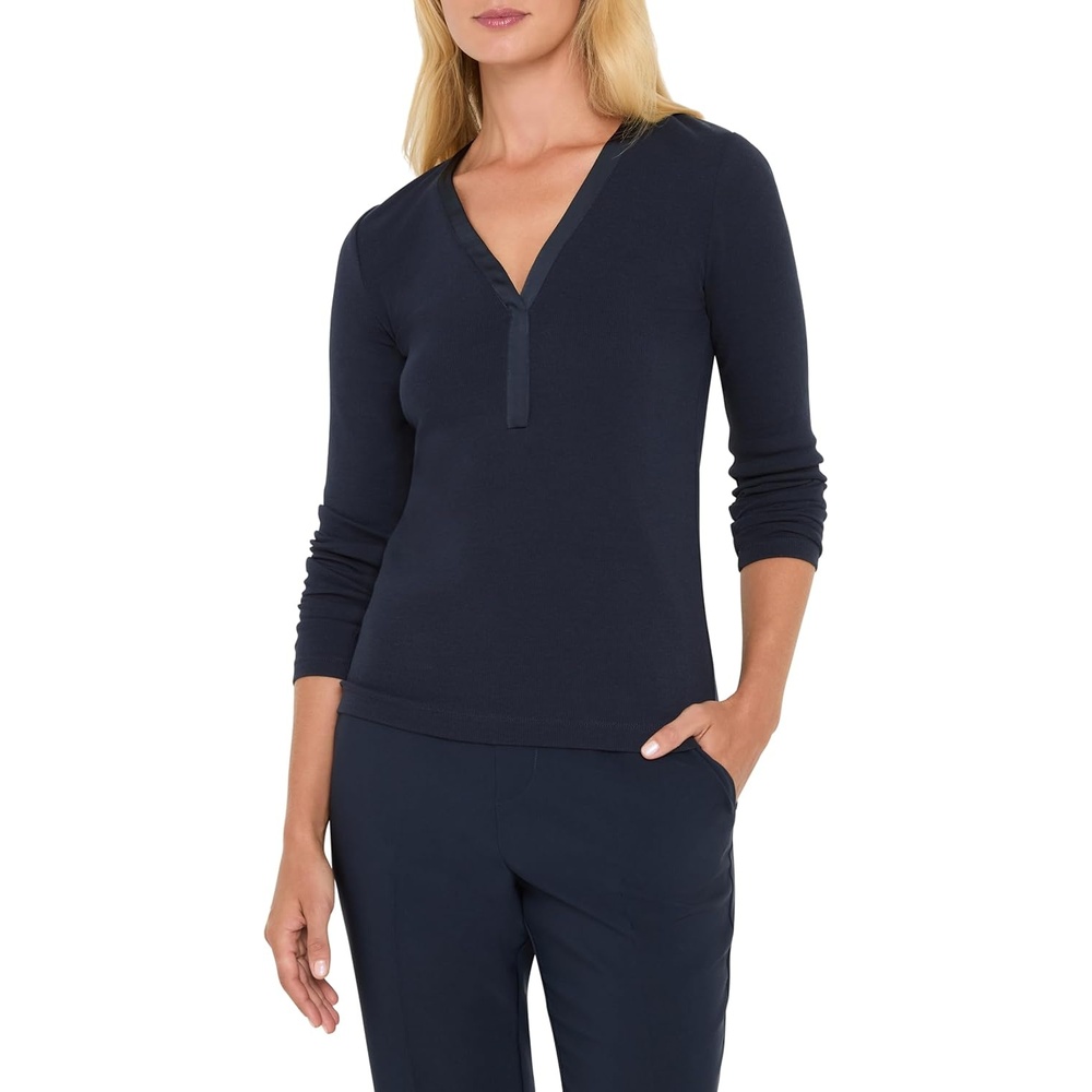image:imageNICZOE Trimmed Perfect Knit Rib VNeck TopDark Indigo