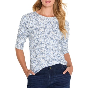 NIC+Zoe GEO Print Ruched Elbow Sleeve TEE, Blue Multi, XXL
