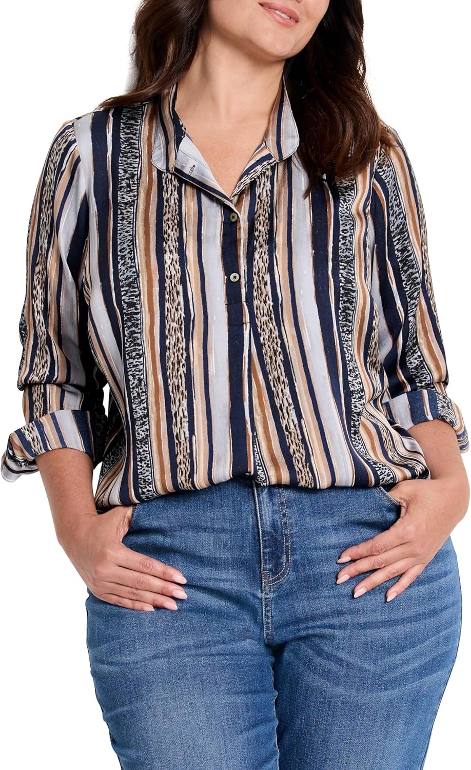 image:imageNICZOE Womens Plus Size Animal Stripe Shirt Neutral Multi