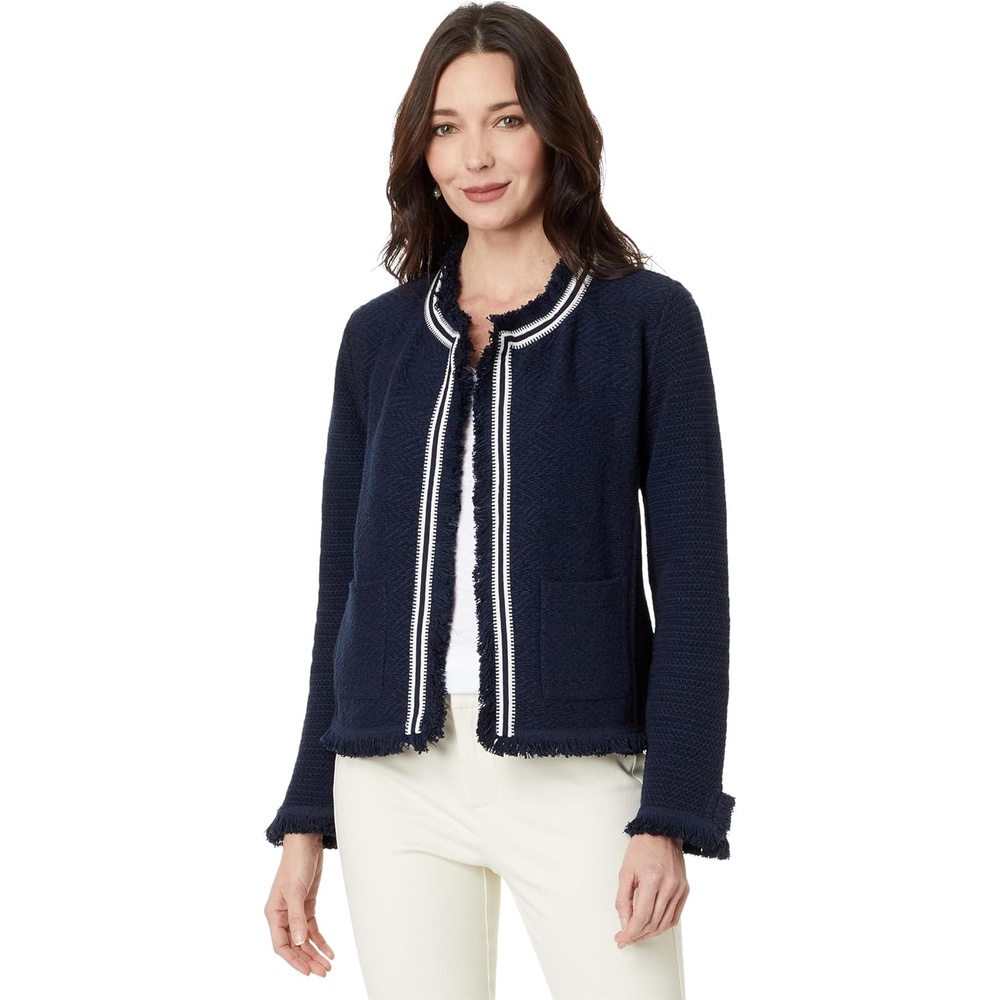 image:imageNICZOE Womens Ribbon Trim Fringe Mix Knit JacketDark Indigo 1
