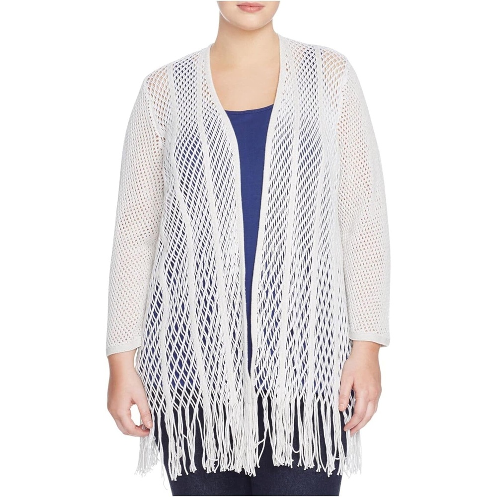 image:imageNic  Zoe Womens Plus Enchanted Open Stitch Fringe Cardigan Sweater White 1X