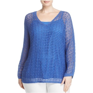 NIC+ZOE Womens Plus Suncatcher Crochet Long Sleeves Casual Top Blue 3X